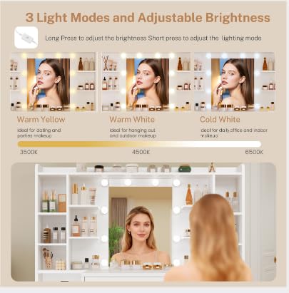 TEENFON 47.2” Large Vanity Desk with 7 Drawers & 15 Open Shelves, Makeup Vanity with 10 LED Lights & Power Outlet, Vanity Desk with Mirror and Lights, Dressing Table for Bedroom, White