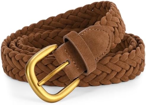 Braided Suede Belt – Woven Waist Belt with Gold Buckle for Dresses & Jeans ANNULOYA Women Leather Braided Belts for Dress 1.2 Inch Hand  main image 2