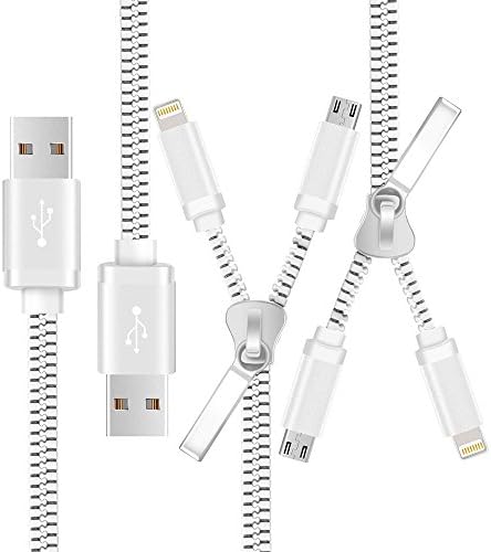 Lauco 15.7 Inch Sync &amp; Charging Data Cable Tangle-free 2-IN-1 Zipper Cable with 8-Pin Lighting &amp; Micro USB Connector for IOS/Android Devices, White