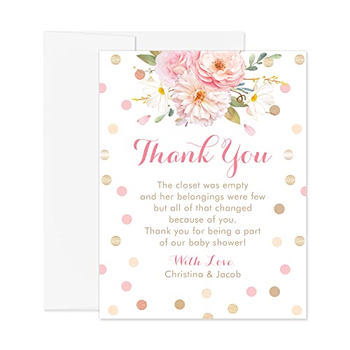 Hello Love Goods Pink and White Floral Baby Shower Thank You Cards with Names and Message, 4.25x5.5 Polka Dot Personalized FLAT Thank You Cards for Baby Girl, Envelopes Included