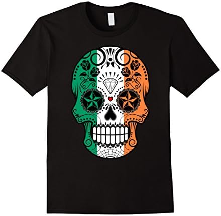 Men's St. Patrick's Day Irish Flag Sugar Skull with Roses T-Shirt  2XL Black