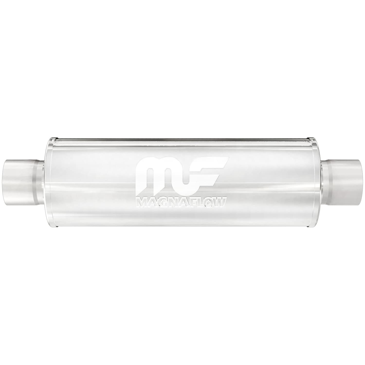 MagnaFlow Performance Exhaust Muffler 10415: 2.25"/2.25" Inlet/Outlet, 4x4x14" Round, Stainless Steel, Satin Finish Image
