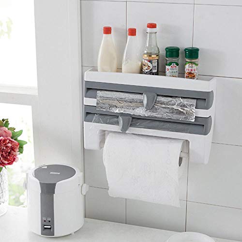 Goglor Wall-Mounted Paper Towel Holder with Shelf Adhesive Wall Mount 4-in-1 Plastic Wrap and Foil Dispenser with Spice Rack Cling Film Holder for Kitchen Shower Bathroom Organizer Storage - Thumbnail 6
