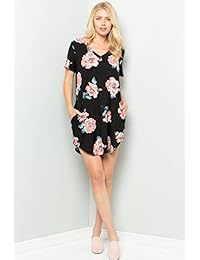 Vestido de manga corta con estampado de flores y cuello en V sólido con bolsillo lateral (S-3XL)