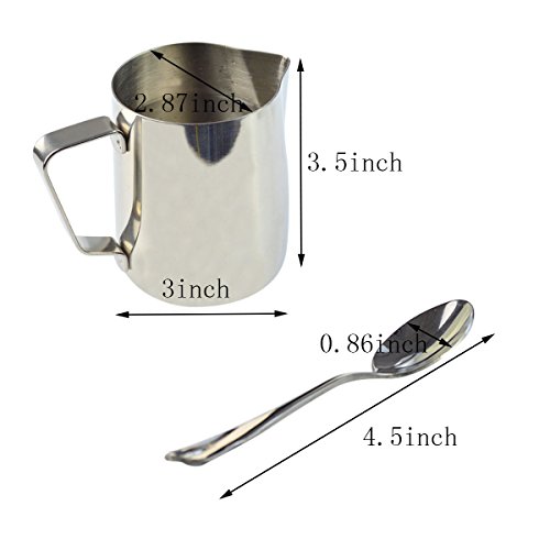 12 Ounce Milk Pitcher,cnomg Frothing Pitcher Stainless Steel Milk Steaming Pitcher, Coffee Creamer Pitcher for Espresso Latte Maker and Milk Frother Attached 2 pcs Mini Tea Coffee Spoons