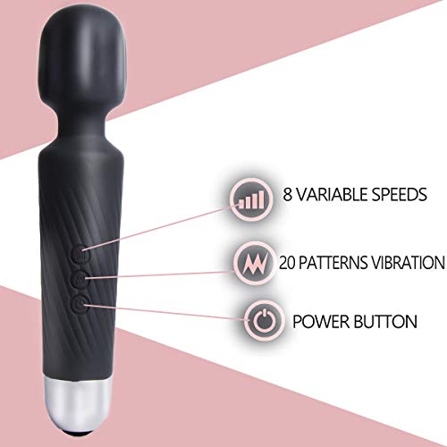 JTTVO Personal Wand Massager for Women - Premium with 8 Speeds 20 Patterns - Cordless Powerful Quiet and Handheld - USB Rechargeable Vibrating Massager for Back and Neck Relief - Black - Thumbnail 2