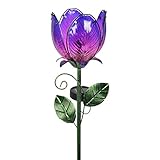 Exhart Solar Glass Flower Stakes - Colorful Flower Stakes with Solar Powered Garden Lights, Outdoor Purple Flower Décor with Garden Accent Light for The Driveway, Yard or Lawn 6
