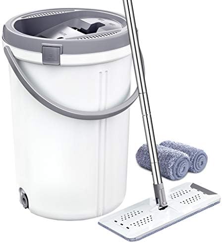 QNJM Flat Mop - Mop Bucket With Wringer - Hand-Free Wringing Floor Cleaning Mop With 2 Reusable Microfiber Mop Use On Floor
