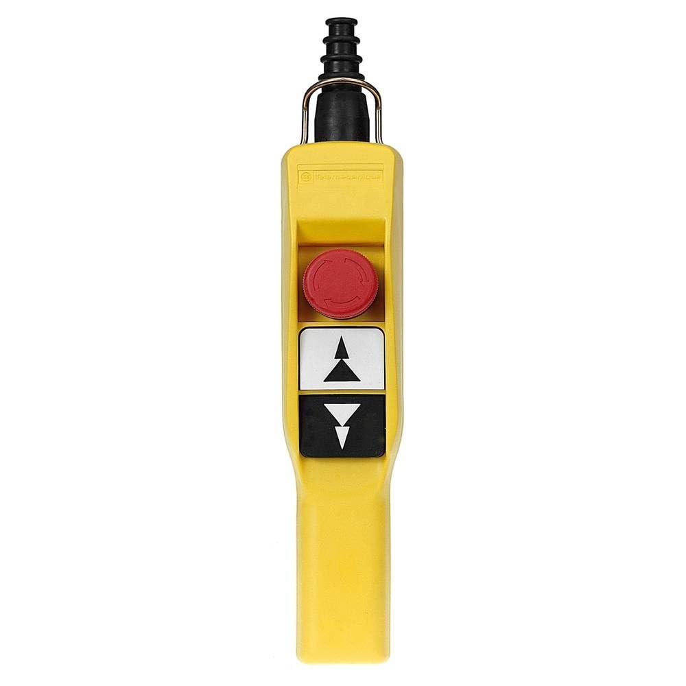 Schneider Electric Pendant control station, Harmony XAC, plastic, yellow, pistol grip, 2 push buttons with 2NO, 1 emergency stop NC