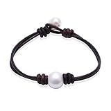 Ao Bei Single Cultured Freshwater Pearl Leather Bracelet Handmade Pearls Jewelry for Women - Brown White 7.5"