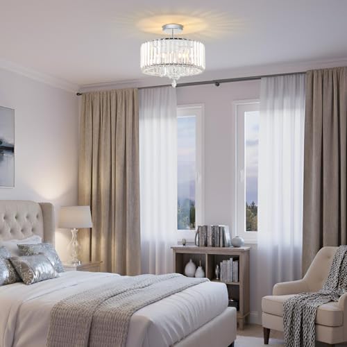 ANWIO Modern Crystal Ceiling Light, Silver Ceiling Light, Chandelier with 3 E27 Base, Glass Shade for Hallway, Entrance, Kitchen, Bedroom, Living Room (37 cm, Without Bulb)