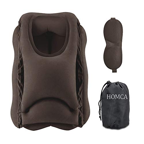 HOMCA Inflatable Travel Pillow - Portable Head Neck Rest Neck Pillow for Airplanes, Cars, Buses, Trains, Office Napping, Camping - Includes Free Eye Mask (Brown)