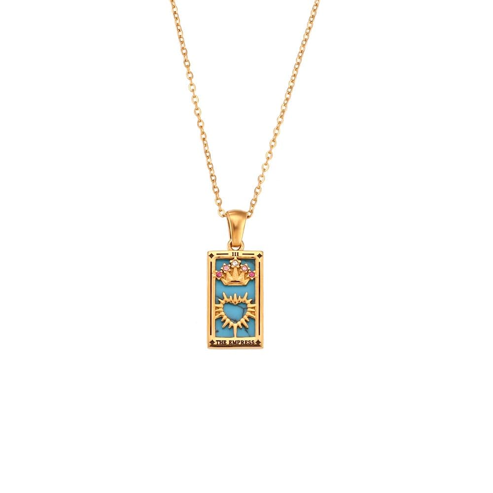JT2D Colorful Tarot Cards Symbolic Necklaces, Sun and Moon Pendant,18k Gold Plated Stainless Steel Square Colorful Enamel Tarot Cards Pendant Necklace Jewelry for Women Men (The Empress)