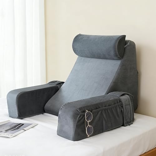OWHDJH Respaldo para Cama con Reposabrazos y Bolsillos, Almohada de Lectura, Funda Lavable, Almohada para Espalda de Soporte Lumbar para Leer, Relajarse, Mirar Televisión, Jugar, para Adultos