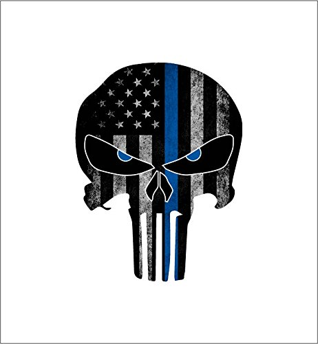 Thin Blue Line Punisher Skull with Blue Reflective Eyes Police Officer BLM American Flag Vinyl Decal Sticker Car Truck 4" x 5" ...