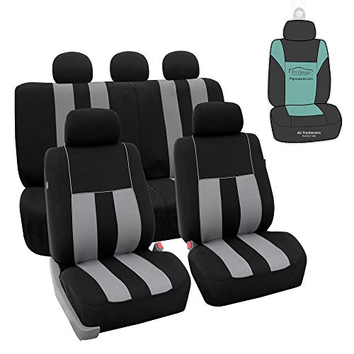 FH Group Striking Striped Flat Cloth Full Set Car Seat Covers Set, Airbag & Split Ready w. Gift, Gray/Black - Fit Most Car, Truck, SUV, or Van