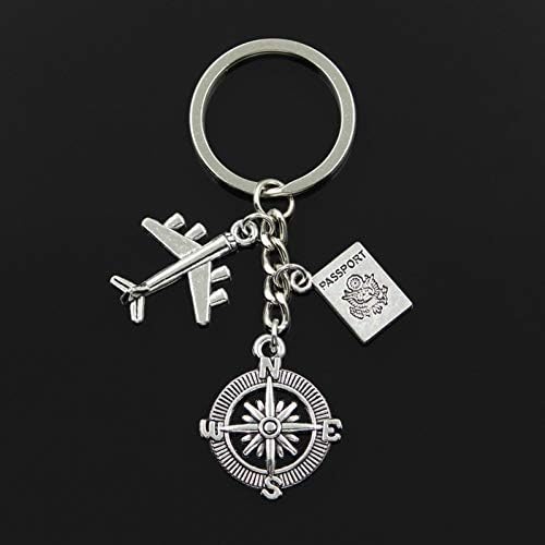 ZHCDKL Fashion 30Mm Key Chain Keychain Jewelry Silver Aircraft Airplane Compass Passport Travel Journey Pendant