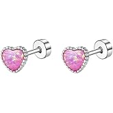 18G Opal Pink Heart Love Flat Screw Back Stud Earrings for Women Teen Cute Titanium Surgical Steel Tiny Glitter Hearted Cartilage Piercing Sleeper Studs Sensitive Ears