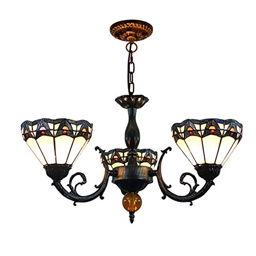 Laz Vintage Tiffany Style Stained Glass 3 Arms Chandelier