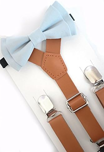 SUSPENDER & BOW TIE Set. Sweetnswag Dusty Blue Bow tie with Light Brown Leather Suspenders. Infant - Adult. Photography prop, Weddings.