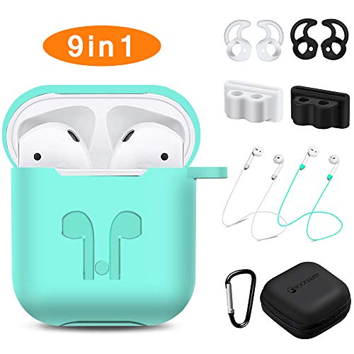 AirPods Case, Rockindeer 9 in 1 AirPods Accessories Set Protective Silicone Cover and Skin Compatible Apple AirPods Charging Case with Watch Band Holder/Ear Hook/Keychain/Strap/Carrying Box (Green)