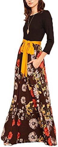 Malluo Women's 3/4 Sleeve Striped Patchwork Floral Print Tie Waist Maxi Long Dress With Pockets (Coffee, XXL)