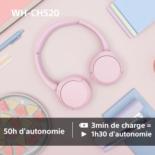 WH-CH520 - Casque Bluetooth sans Fil, Multipoint, Micro intégré - jusqu'à 50 Heures d'autonomie et Charge Rapide - Beige
