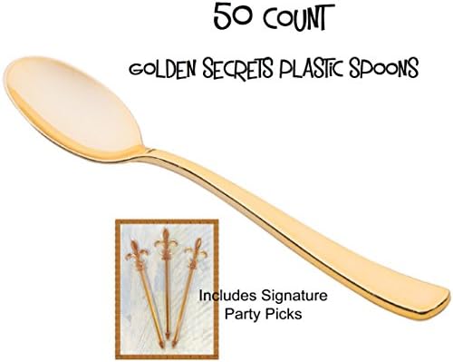 Gold Plastic Spoons, PACK of 50 Golden Secrets w/Signature Party Picks
