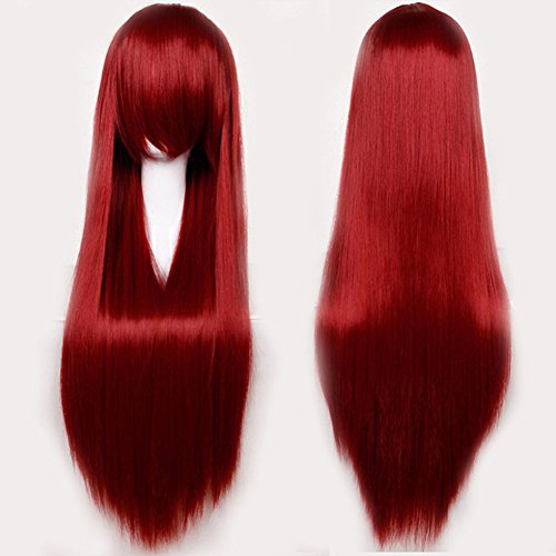 Anime Cosplay Full Wig with Bangs 24-40inch 13 Colors Japanese Kanekalon Fiber Heat Resistant Synthetic Wig Long Straight Vogue 32   / 80cm for Women Girls Lady Fashion (wine red)