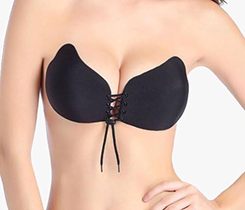 YBeauty Queen Stick on Backless Lace-up Seamless Strapless Under Uplift Bra (B, Black)