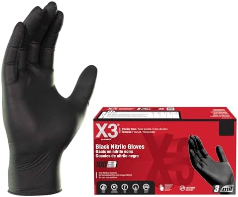 X3 Industrial Black Nitrile Gloves, Box of 100, Mil, Size Medium