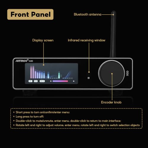 AIYIMA A80 Bluetooth Amplifier DAC Stereo HiFi Home Audio Receiver with PFFB 2.0 Channel Hi-Res Class D Power Amp with PC-USB Coaxial Optical TRS RCA Input