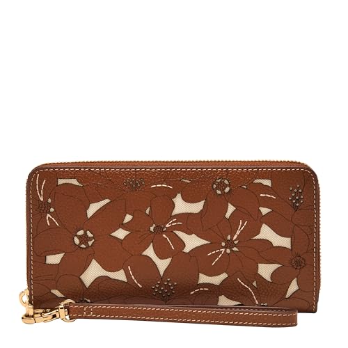 Fossil Women's Logan RFID Zip Around Clutch Wallet, Brown Floral Perf