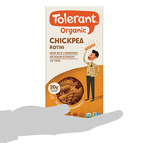 Tolerant Organic Gluten Free Chickpea Rotini Pasta, One 8 Ounce Box, Plant Based Protein, Vegan Pasta, Single Ingredient Protein Pasta, Whole Food, Clean Pasta, Low Glycemic Index Pasta