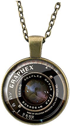 Vintage Long Bronze Chain Vintage camera lens Glass Cabochon Dome Gem Pendant Statement Necklace