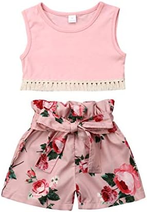 Toddler Baby Girls Floral Shorts Set Sleeveless Tassel Crop Top + Bow Shorts Outfits Clothes