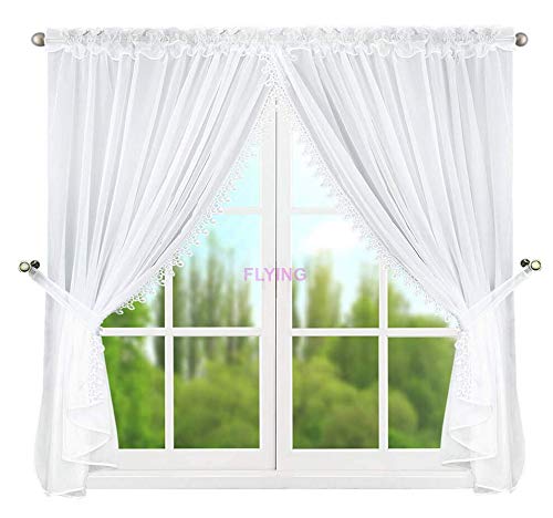 FKL DESIGN Home Deco Beautiful Ready-Made Curtain White Window Curtain Living Room Voile with Pleated Tape Curtains Ruffle Tape Store Short Modern Window White Guipure LB-11-B (145 x 400 cm)