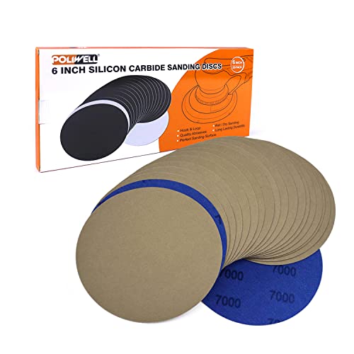 6 Inch (150mm) 7000 Grit Sanding Discs, Waterproof Hook & Loop Heavy Duty Silicon Carbide Round Flocking Sandpaper for Wet/Dry Sanding Grinder Polishing Accessories, 20-Pack