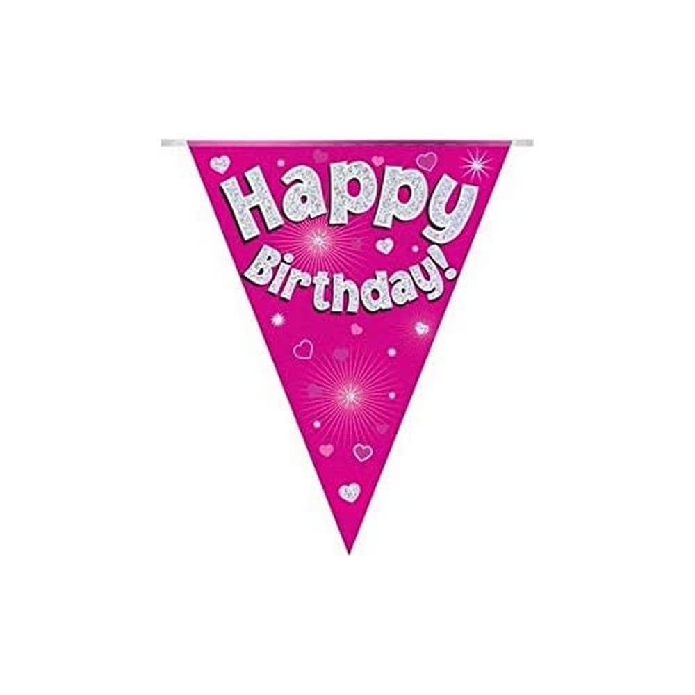 Party Bunting Happy Birthday Pink Holographic 11 flags 3.9m