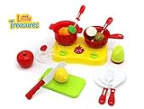 Little Treasures Chopping & Cooking Playset for Kids 3+ Includes a stove burner with knobs, pots with lid and sauté pan, cutting board and knife, Velcro fastened vegetables and seasoning bottle