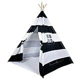 A Mustard Seed Toys Striped Kids Teepee Tent - Portable Canvas Tent, No Extra Chemicals, Includes Carrying Case (Black)
