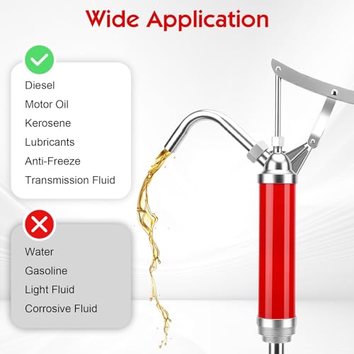 Lever Pump for Oil Drums 15-55 Gallon Drum, Flow 28L/Min, Red Manual Barrel Pump with 45-88cm Retractable Oil Tube for Fuel Oil Extraction