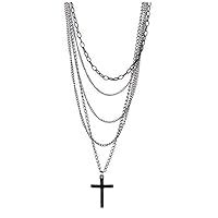 Qifumaer Fashion Retro Multi-Layer Chain Pendant Black Cross Metal Long Necklace Sweater Chain fro Men Women Christmas Wedding Birthday Gift