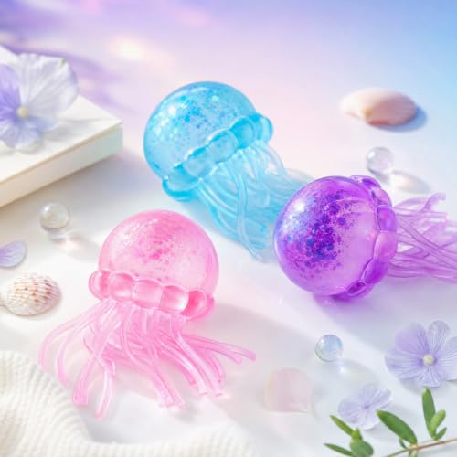 JOYIN 3PCS Jellyfish Stress Relief Toys, Jellyfish Glitter Squishy Toys, Slow Rising Toy for Kids Adults, Anxiety Relief Fidget Toy, Soft Squeeze Decompression Dough for Gifts, Party Favors