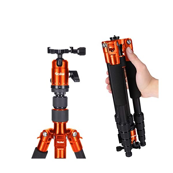 Rollei Compact Traveler No. 1 - leichtes Reisestativ aus Aluminium mit geringem Packmaß von nur 31,5 cm, Arca Swiss kompatibel und inkl. Kugelkopf und Stativtasche, Orange