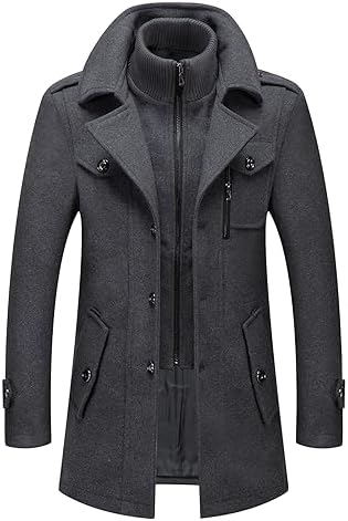 HXW.GJQ Men's Premium Wool Blend Double Breasted Long Pea Coat