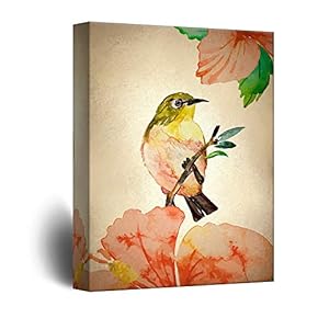 Canvas Wall Art - Vintage Style Bird on Tree Branch - Giclee Print Gallery Wrap Modern Home Art Ready to Hang - 12x18 inches