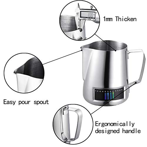 Milk Frothing Pitcher, Stainless Steel Creamer Frothing Pitcher With Integrated Thermometer 20 oz (600 ml), Chrome