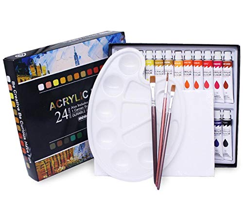 memory Awesome Acrylic Paint Set, 24 Tubs, 3 Paintbrushes, 1 Palette, 1 Canvas, Perfect for Canvas, Wood, Ceramic, Fabric etc