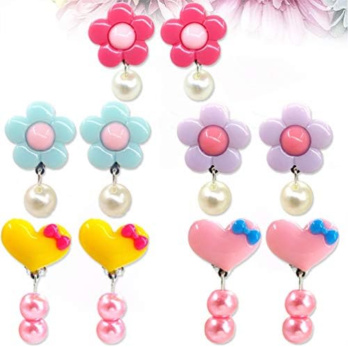 Toymytoy イヤリング かわいい アクリルドリルシリーズ 女の子 耳クリップ 耳スタッド 子供 装飾 誕生日ギフト おしゃれ バラ色 紫色 青い花とピンク イエローハート 5組